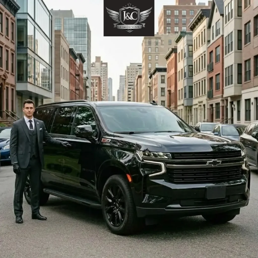 Professional chauffeur standing beside a luxury black SUV offering premium limo service in Wayne for airport transfers, corporate travel, and special events.