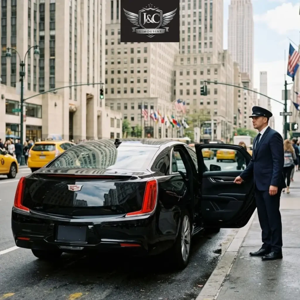 Professional limo service in Woodland Park featuring a luxury black Cadillac sedan and chauffeur providing executive and airport transportation