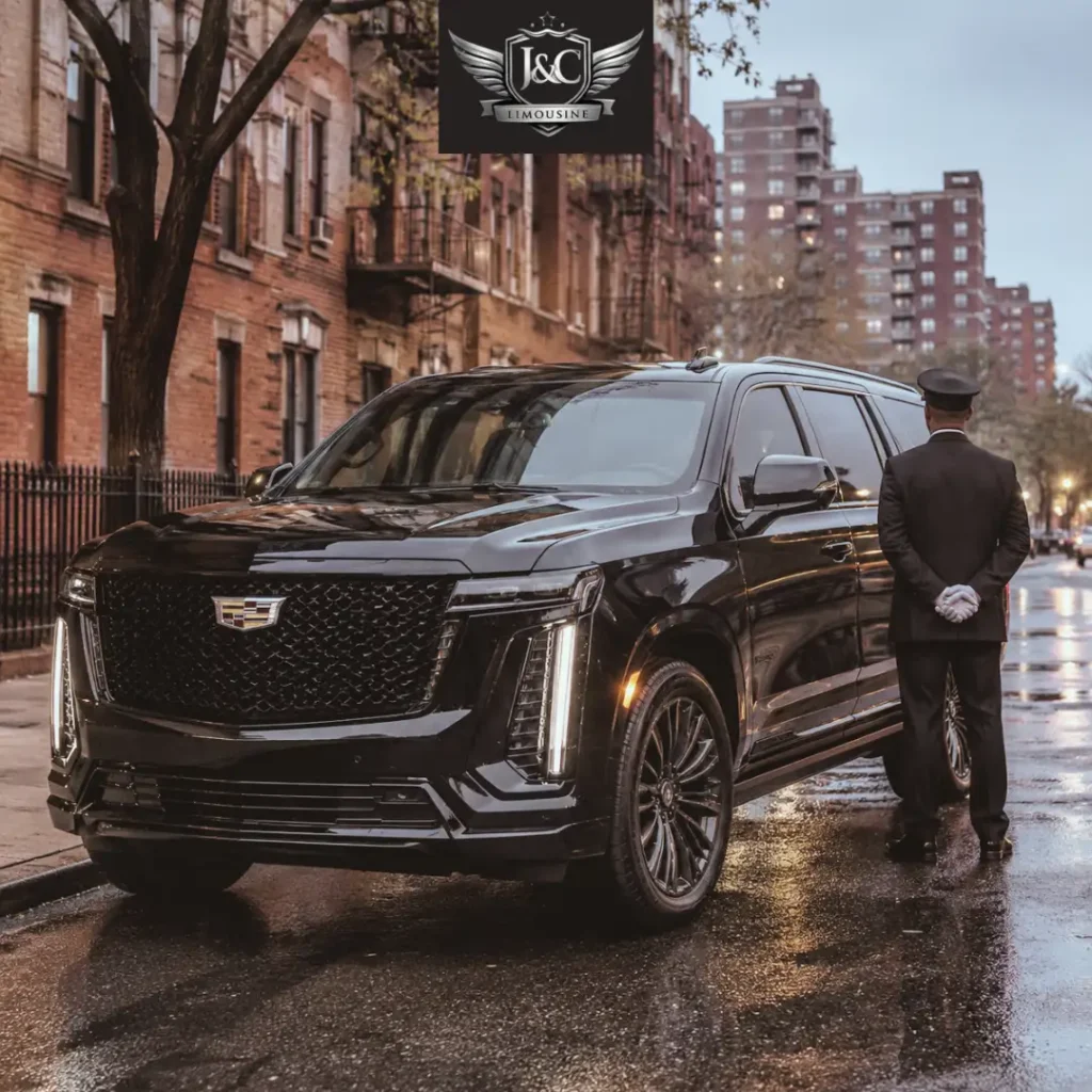 Luxury black Cadillac Escalade limo service in Clifton with professional chauffeur standing beside premium SUV for executive and airport transportation
